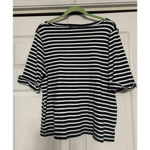 Lauren Ralph Lauren Striped Shirt 2X Black White Boatneck Cotton Knit Top Logo